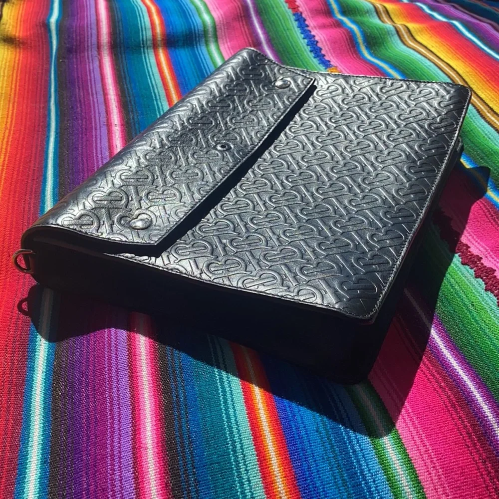 Burberry Black Embossed Monogram Leather Clutch Computer Bag